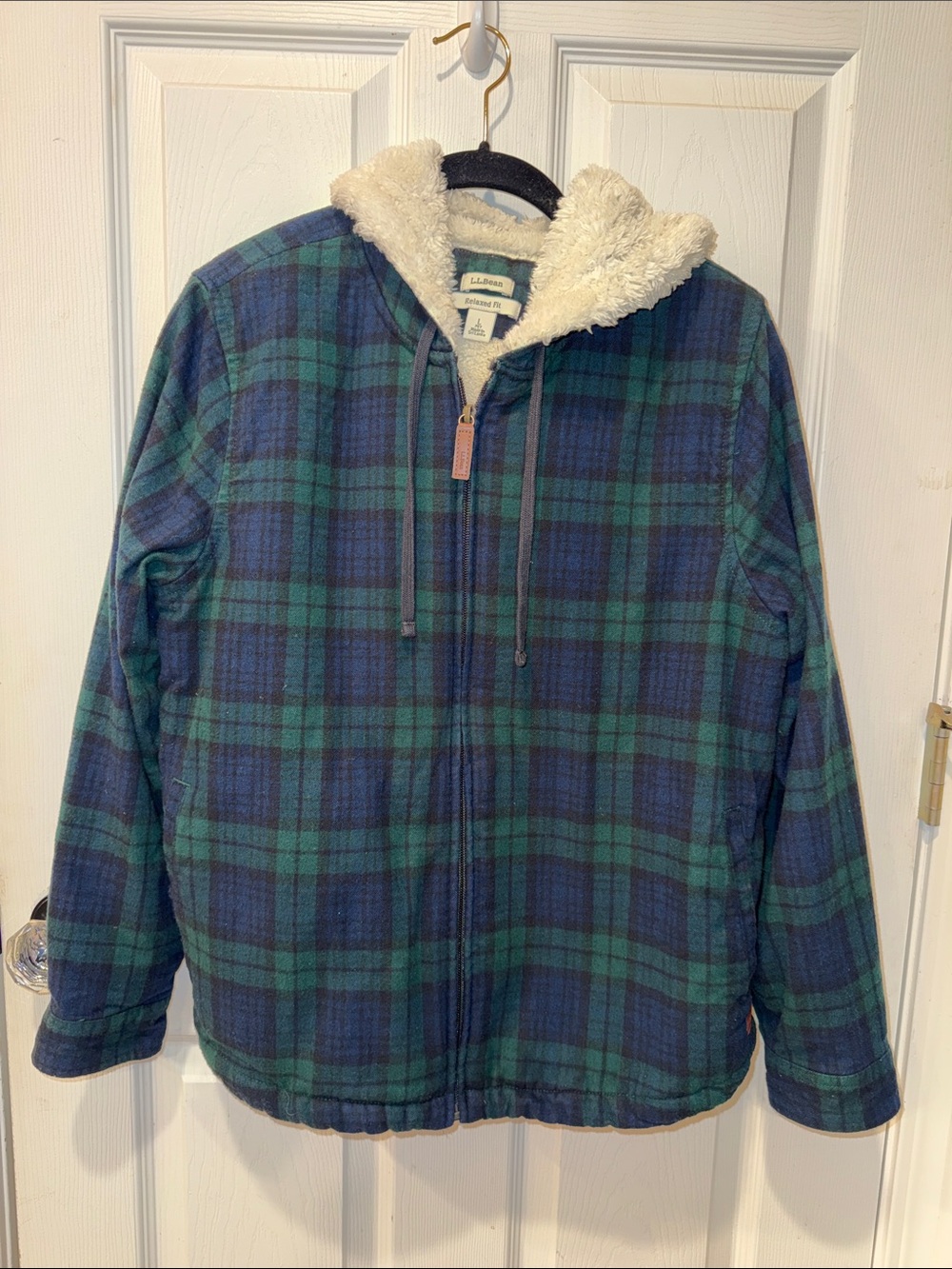 L.L. Bean Plaid Hooded Sherpa Jacket - Green & Navy